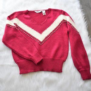 Vintage Christina Grant Pink Sweater w/ Pearls L